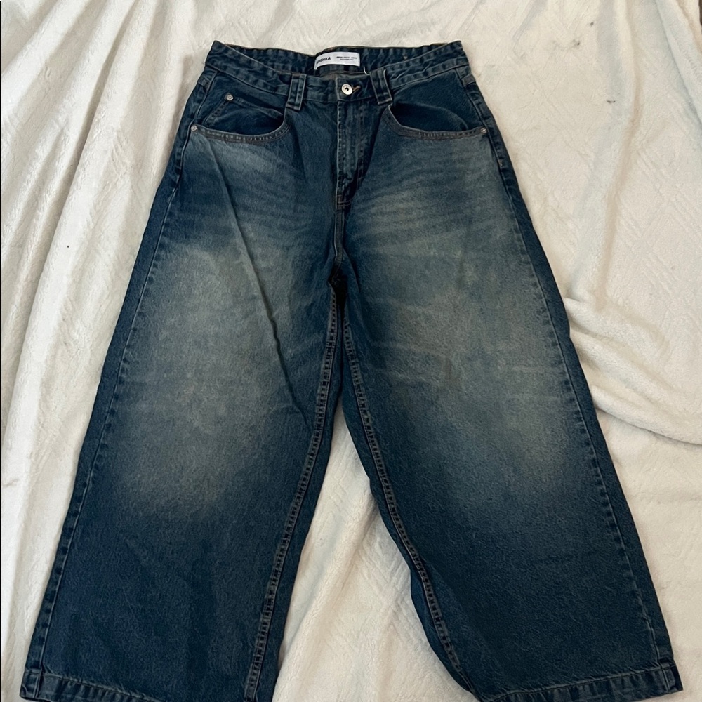 Bershka Men's Dark Blue Relaxed Jeans